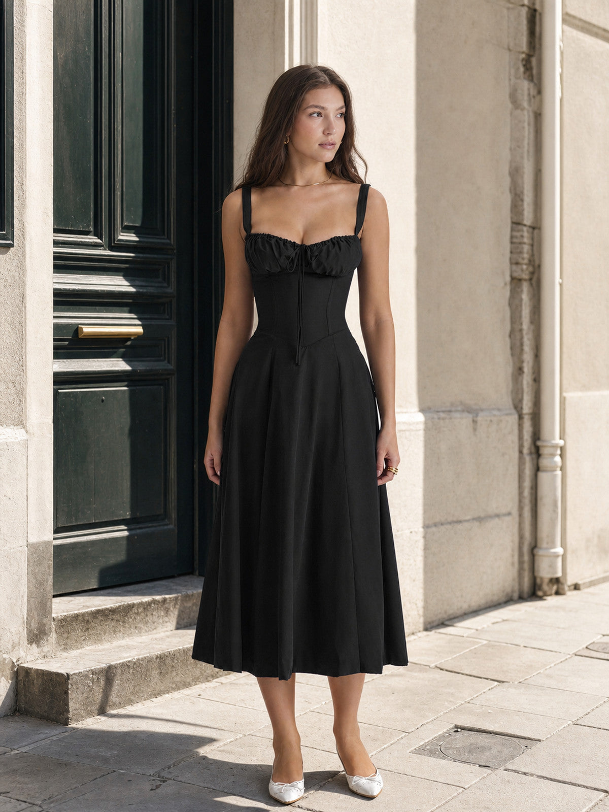 Women’s Black Midi Dress with Thin Straps and Tie Detail product detail