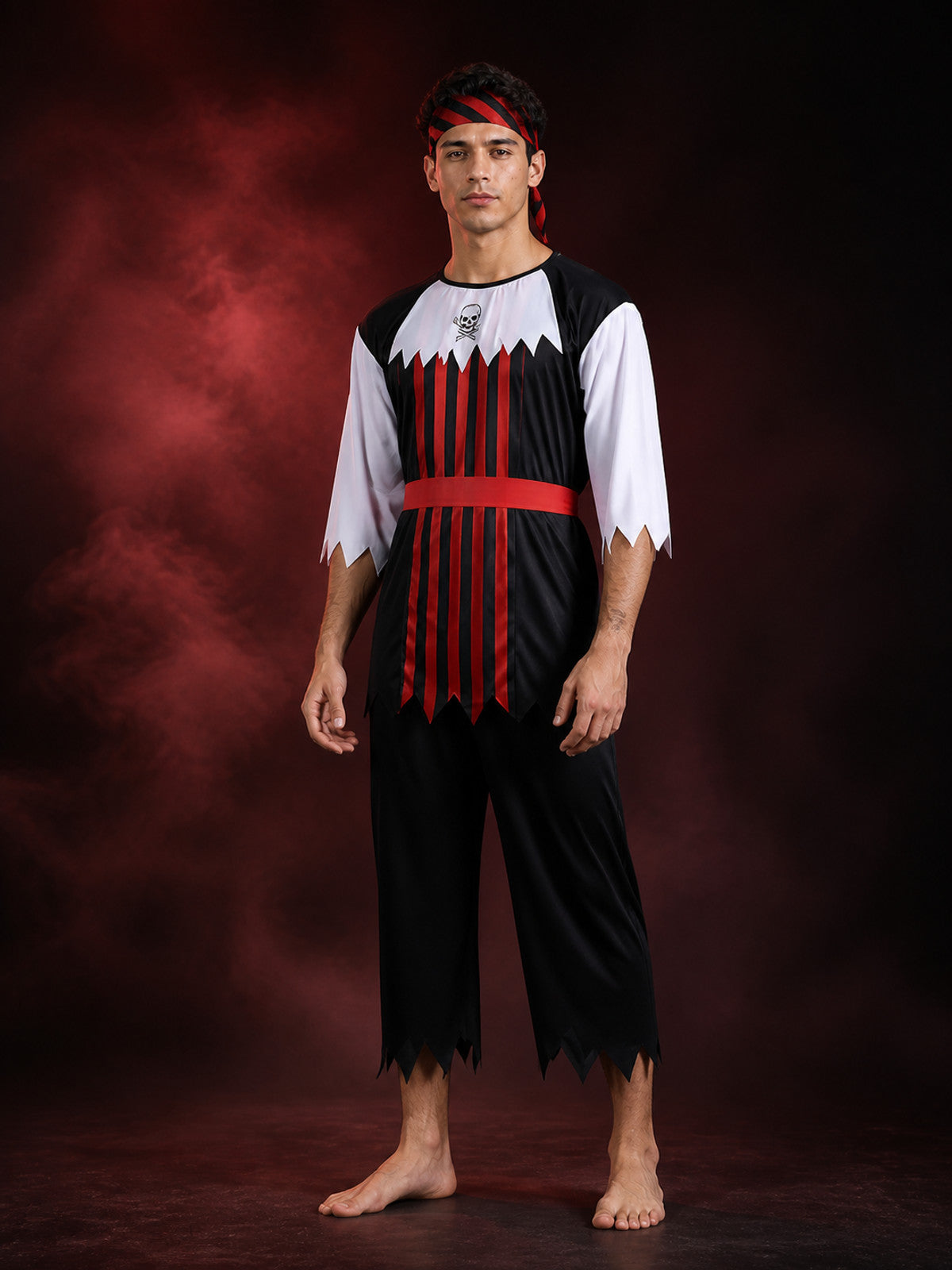 Pirate Costume Set for Adults, Skull Print Black and Red Striped Top and Pants