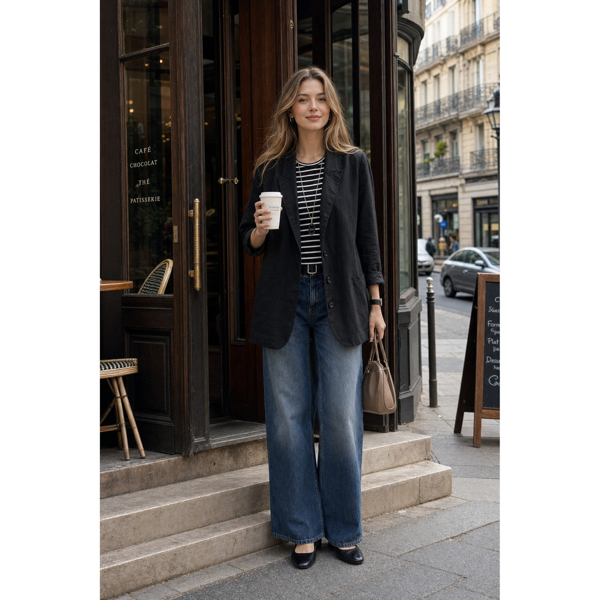 Women's black oversized blazer with lapels lifestyle view