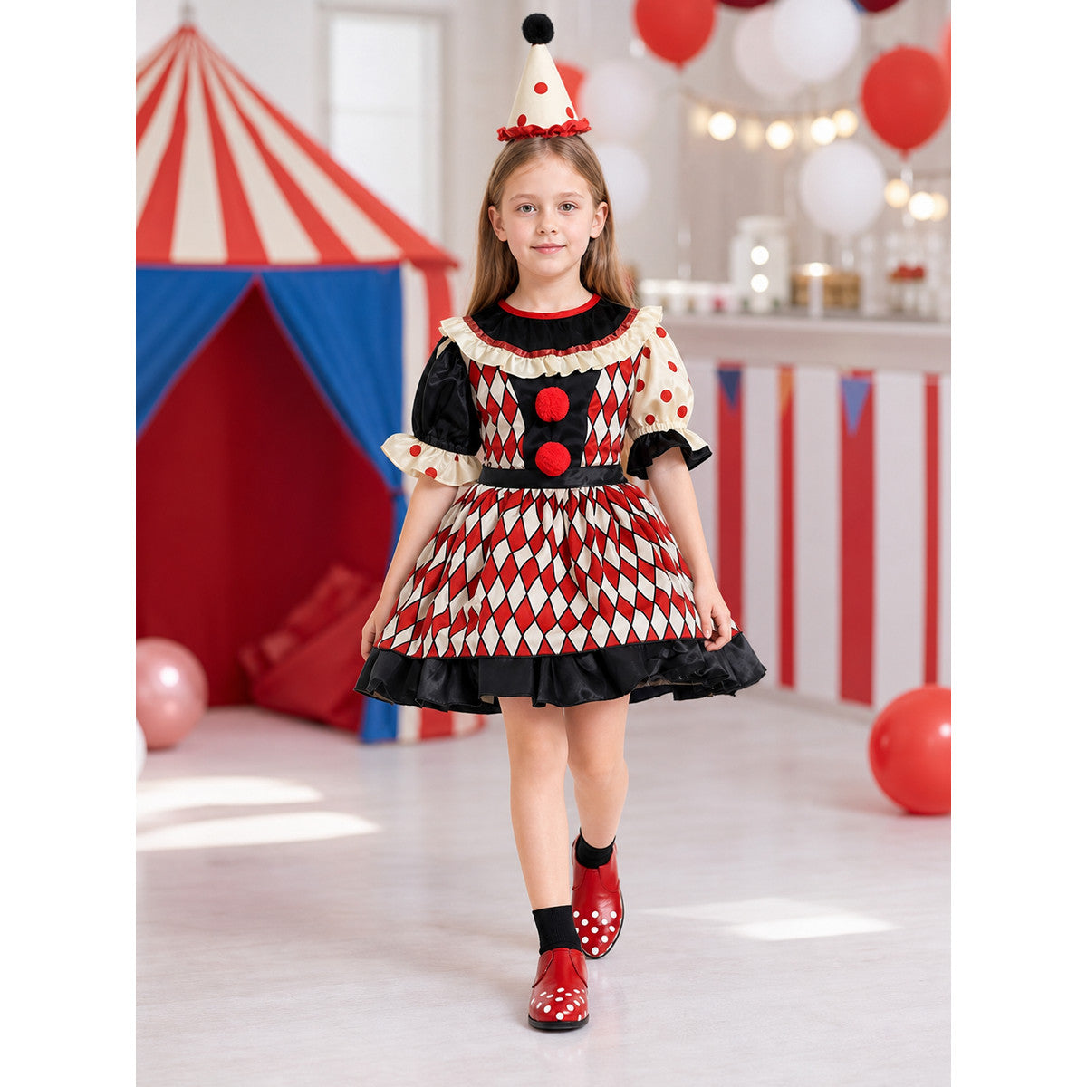 Clown Costume with Dress, Hat, and Shoes lifestyle view