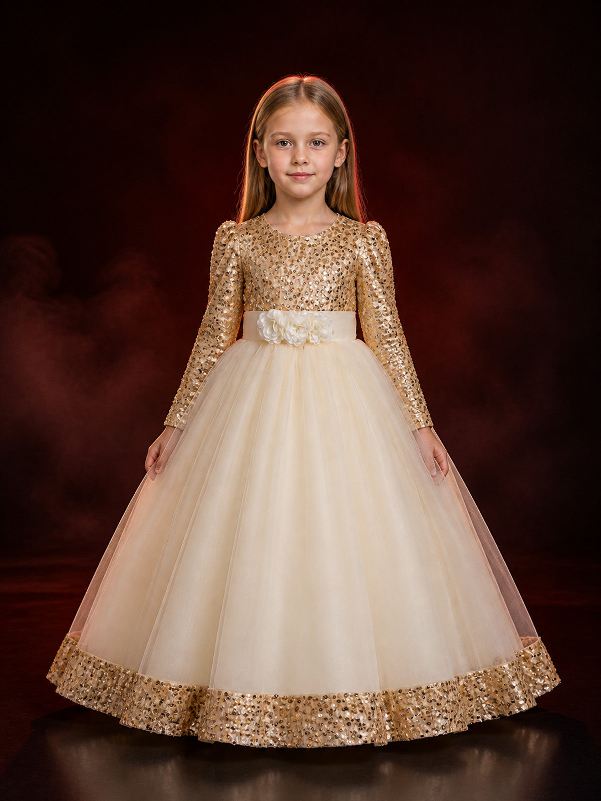 Girls' Champagne Princess Dress, Long Sleeve Sequin Flower Halloween Costume main product view