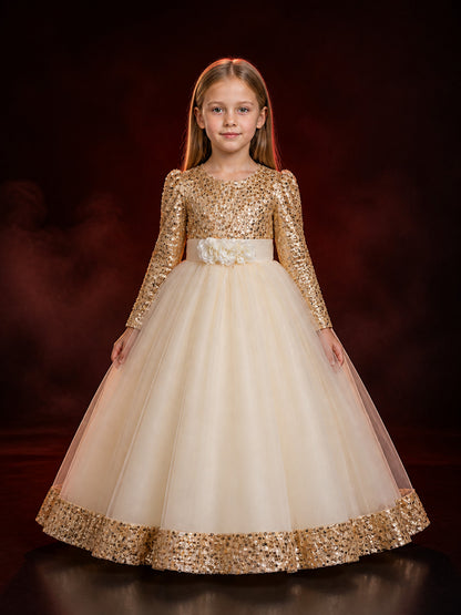 Girls' Champagne Princess Dress, Long Sleeve Sequin Flower Halloween Costume main product view