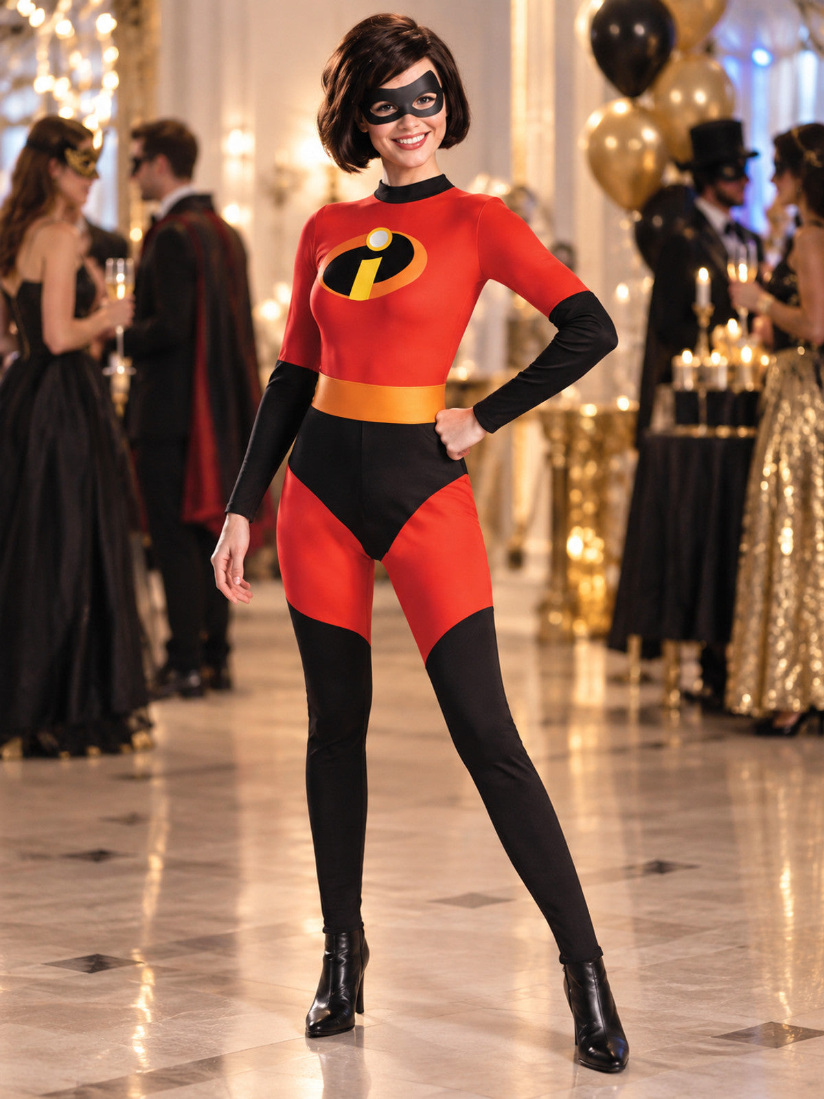 Red superhero costume with a yellow-orange belt and mask