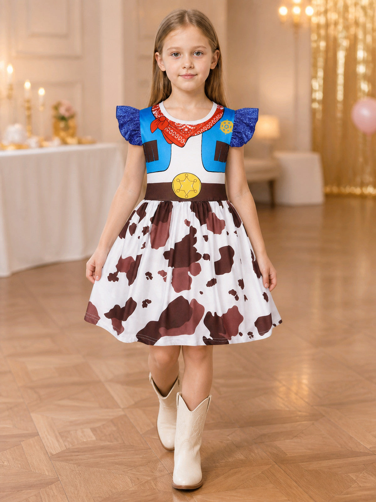 Western-style children's dress with a scarf and ruffles lifestyle view