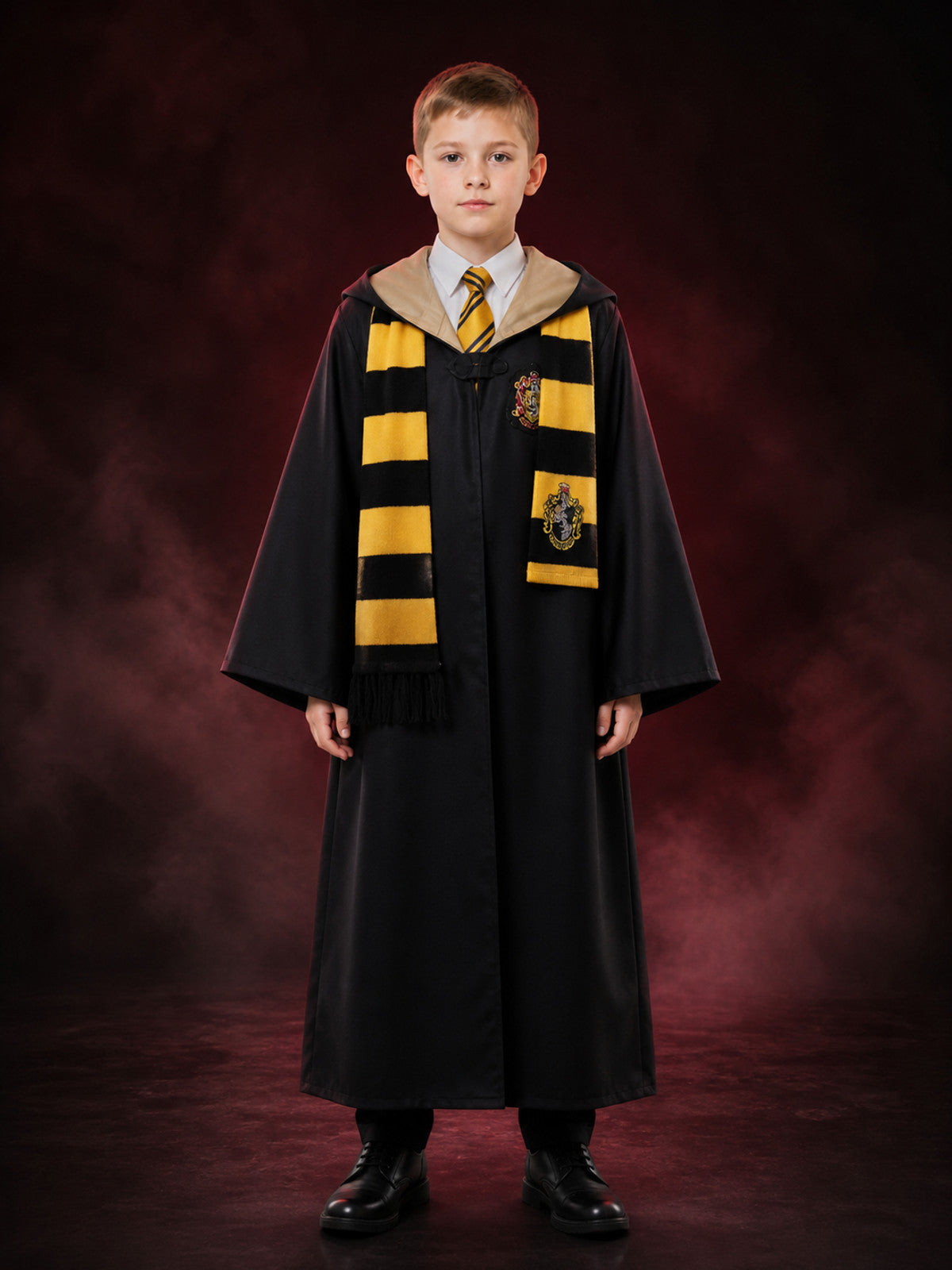 Hufflepuff Wizard Robe Costume Set With Scarf And Tie, Black And Gold Halloween