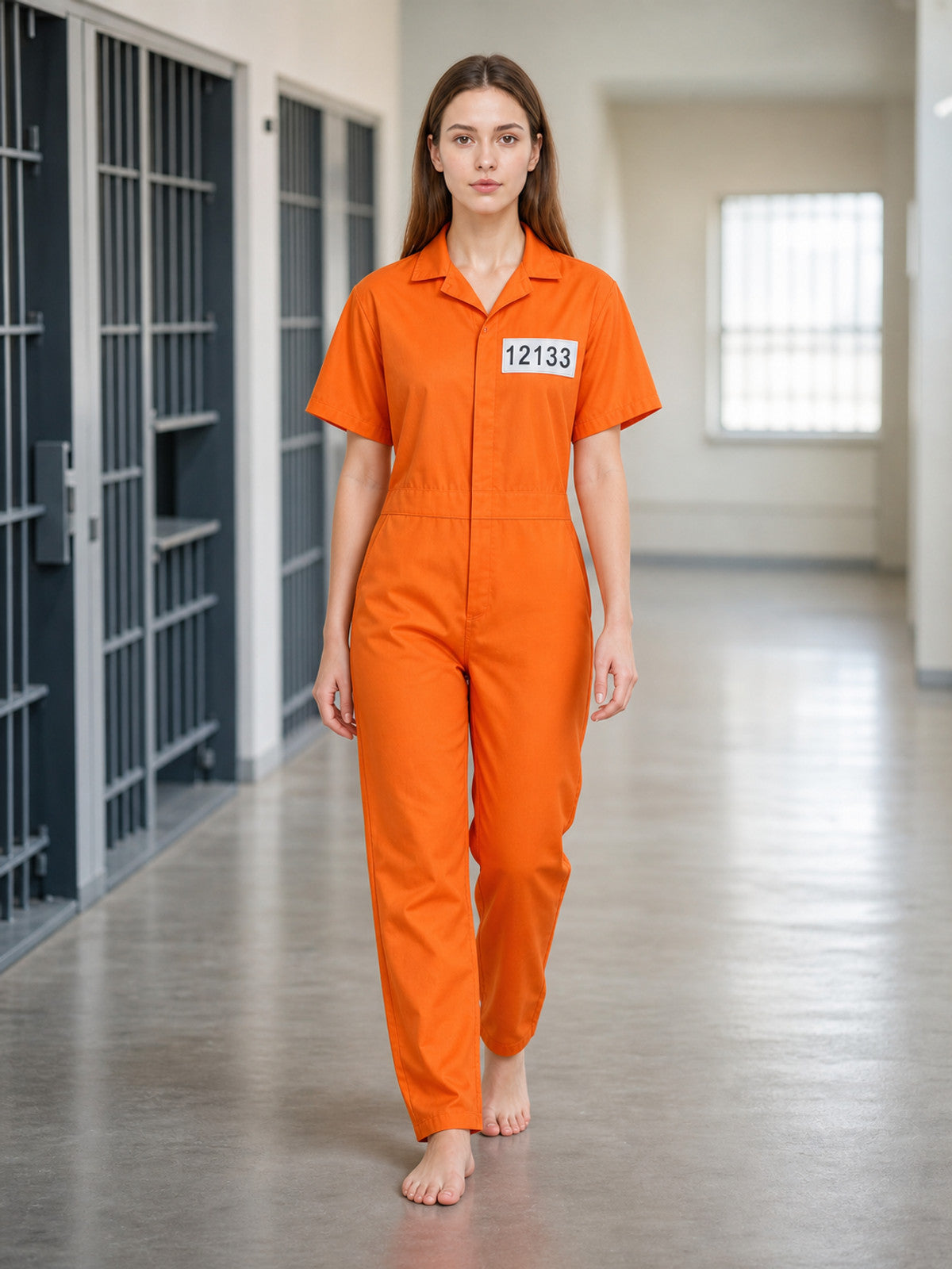 Orange collared jumpsuit with a white number patch, shown on a model walking through an indoor corridor