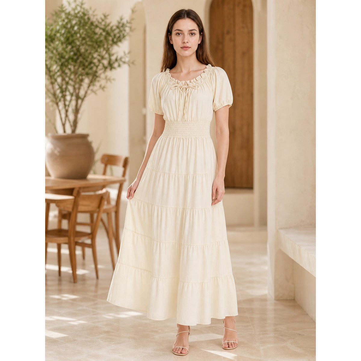Tiered Dress with Puff Sleeves and Gathered Details