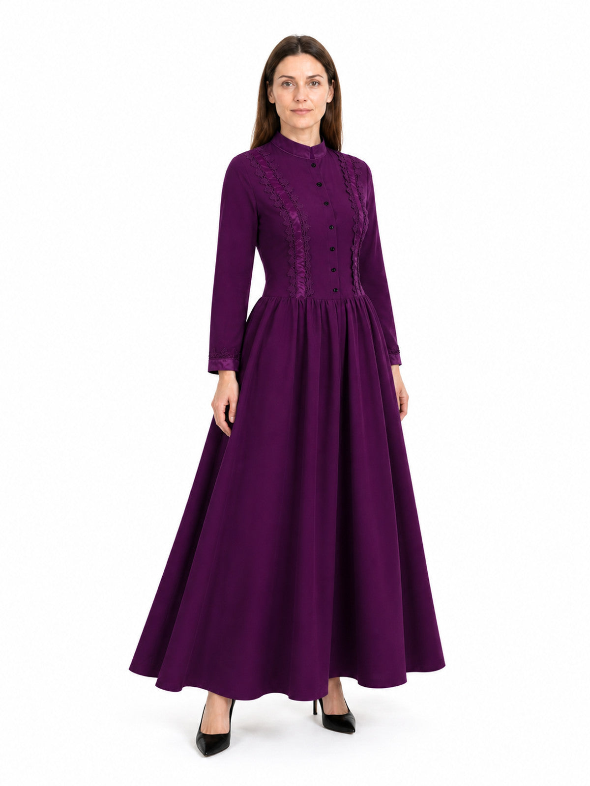 Long Purple Gothic Dress with Stand Collar Costume Dresses detail
