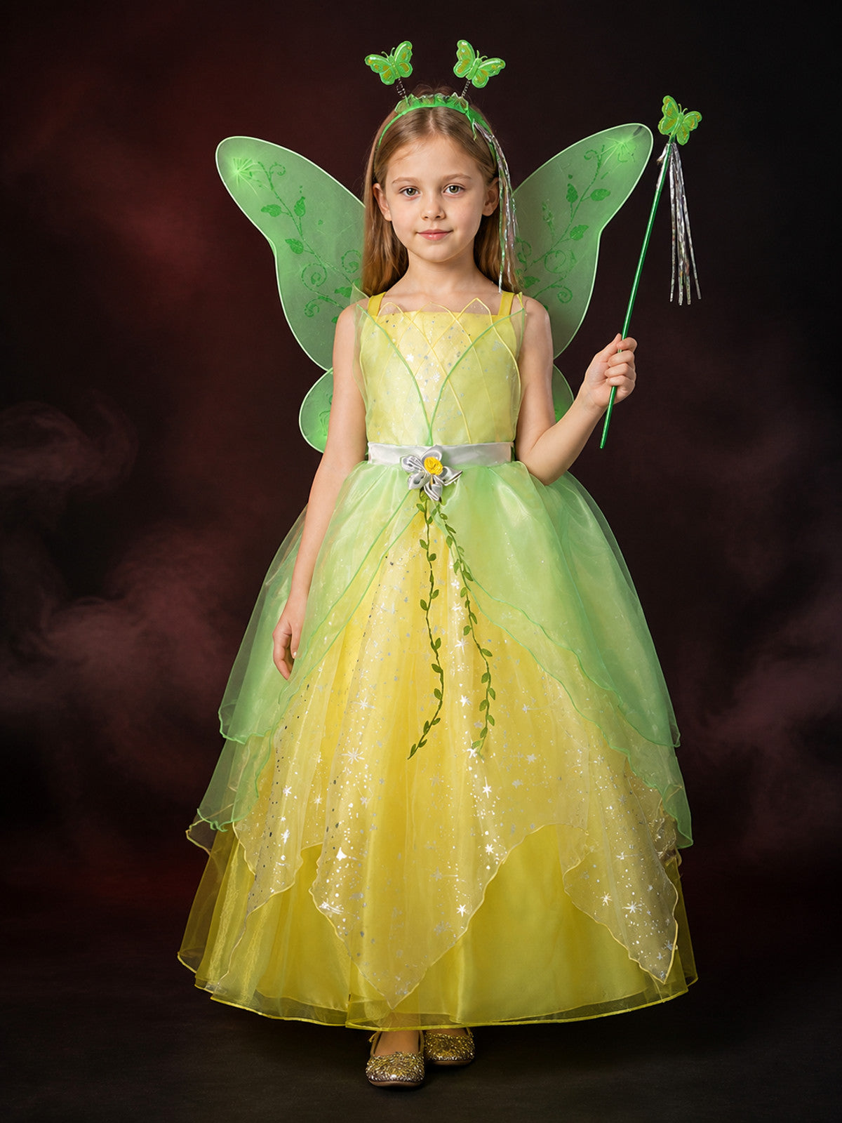 Girls Tinker Bell Fairy Princess Costume Dress with Butterfly Wings and Magic