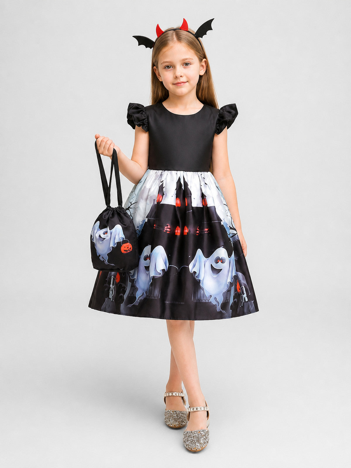 Halloween Dress with Pumpkin, Castle, and Ghost Prints