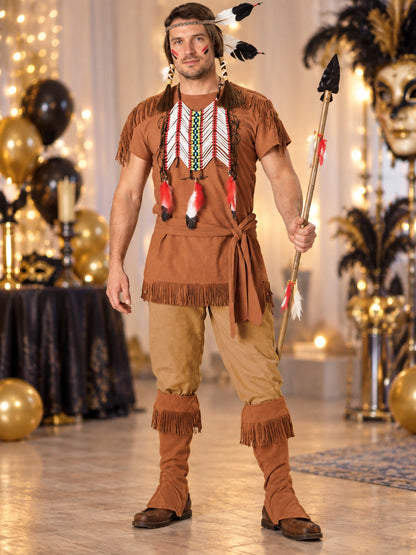 Indian-Style Costume with Fringe and Feathers, Brown