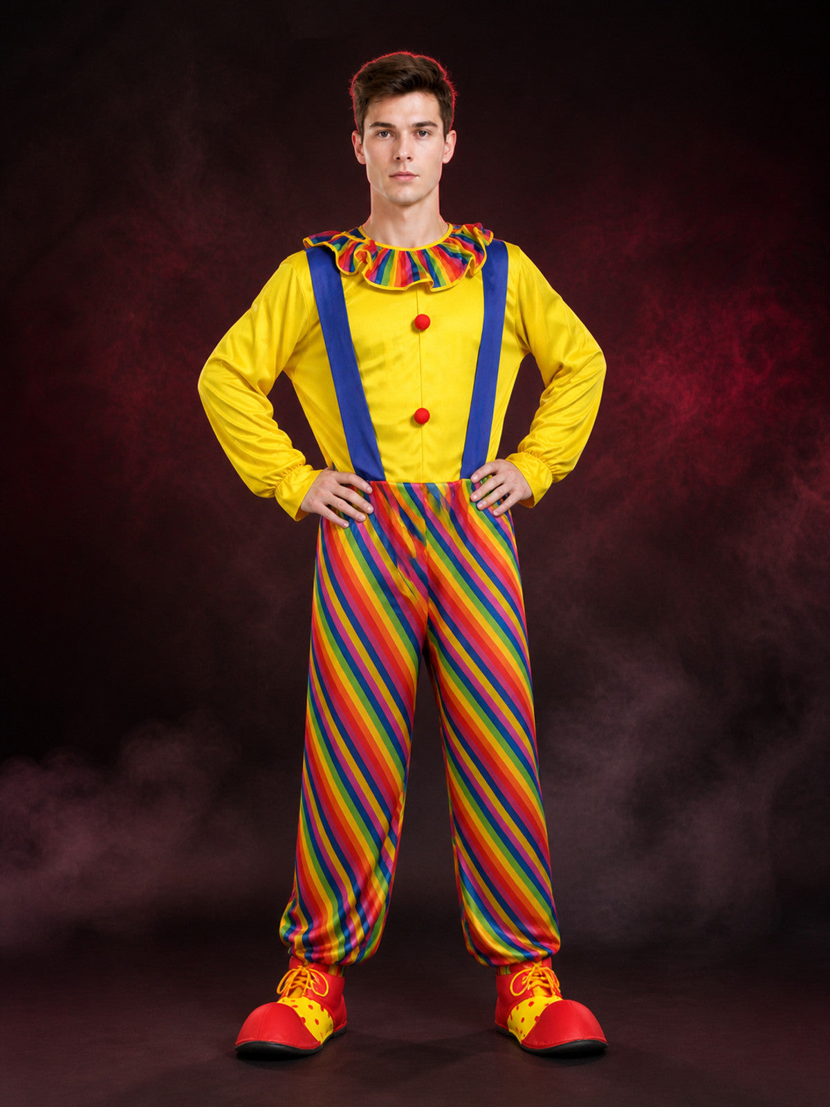 Adult Clown Jumpsuit Costume, Colorful Striped Bodysuit with Suspenders and main product view