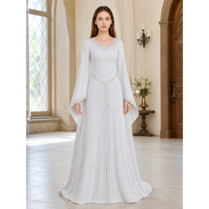 White Maxi Dress with Embroidery and Flared Sleeves