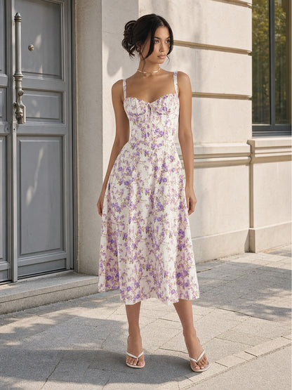 Women's Floral Print Lace-Up Midi Dress Costume Dresses detail