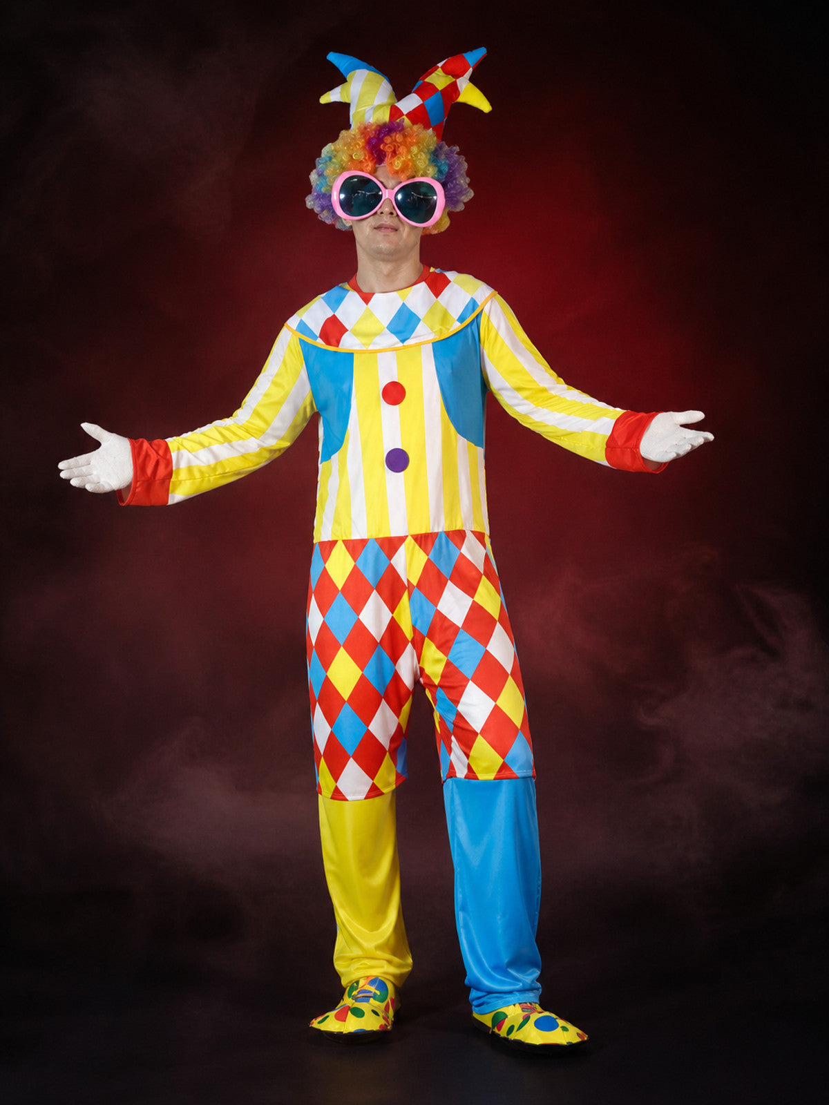 Unisex Clown Bodysuit Costume with Hat, Colorful Striped Jumpsuit for Halloween