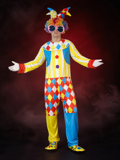 Unisex Clown Bodysuit Costume with Hat, Colorful Striped Jumpsuit for Halloween