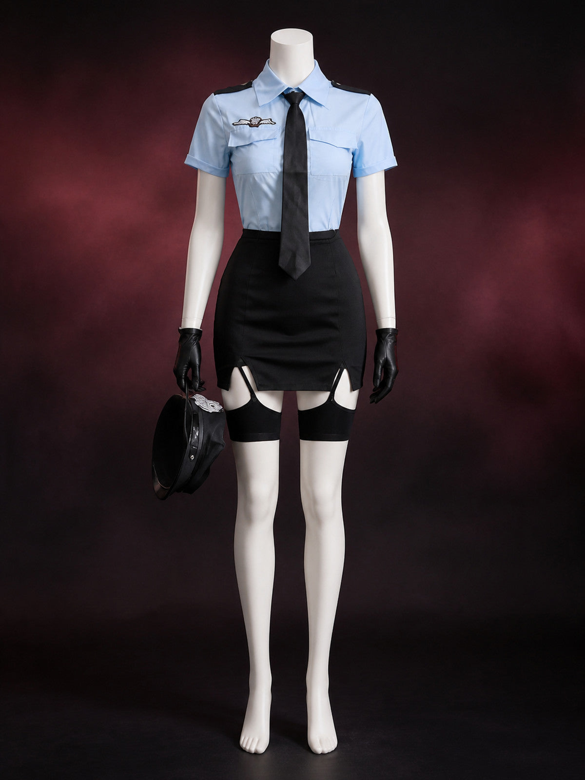 Women's Police Officer Costume Set, Light Blue Short Sleeve Top with Tie and