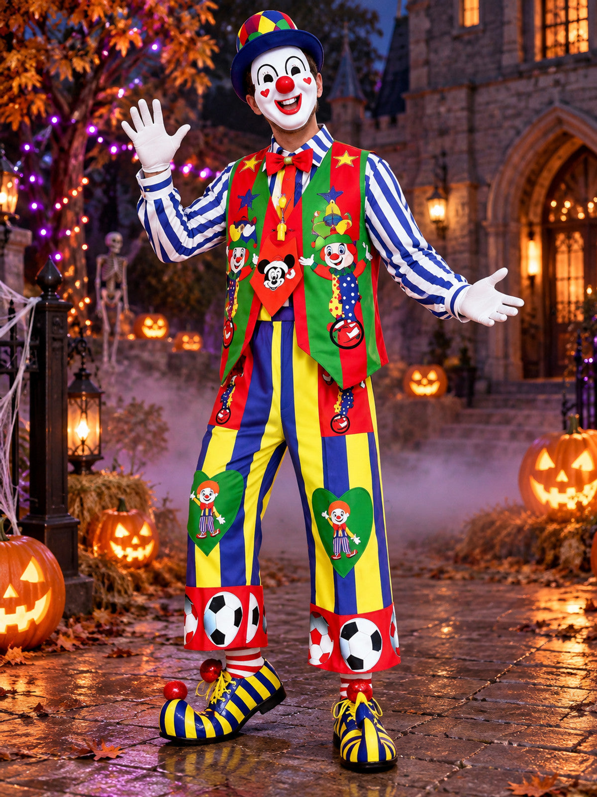 Colorful clown costume with vest, hat, and mask