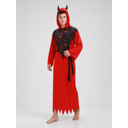 Hooded Devil Costume with Belt and Ragged Hem on-model front view