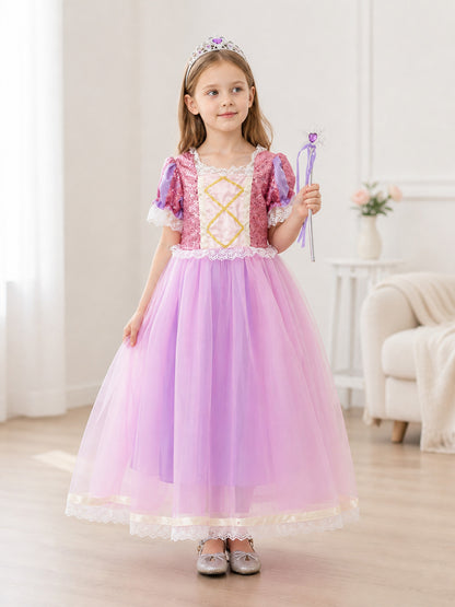 Pink-Lilac Sequin and Lace Maxi Dress