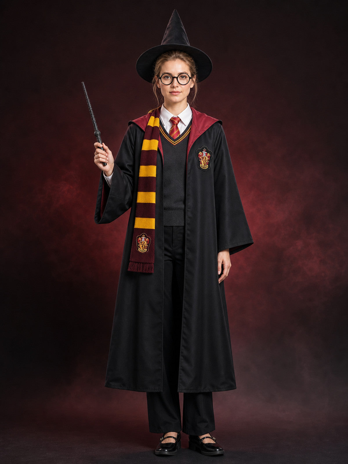 Wizard Robe Costume Set with Striped Scarf, Tie, Wand, Glasses, Hat, Shirt main product view