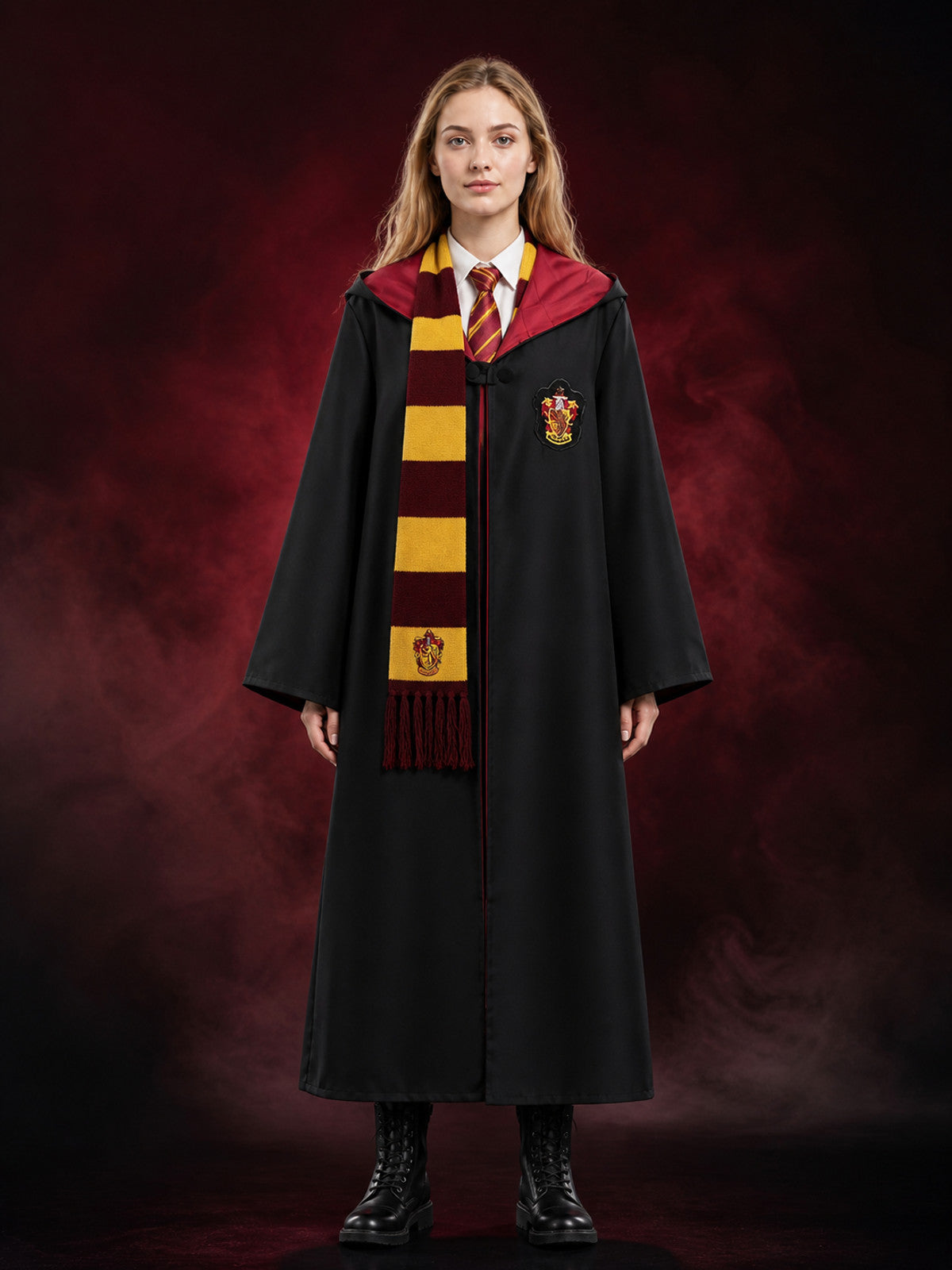 Red and Gold Hooded Wizard Robe Costume Set with Tie and Scarf for Halloween main product view