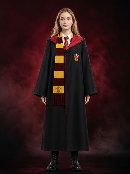 Red and Gold Hooded Wizard Robe Costume Set with Tie and Scarf for Halloween main product view