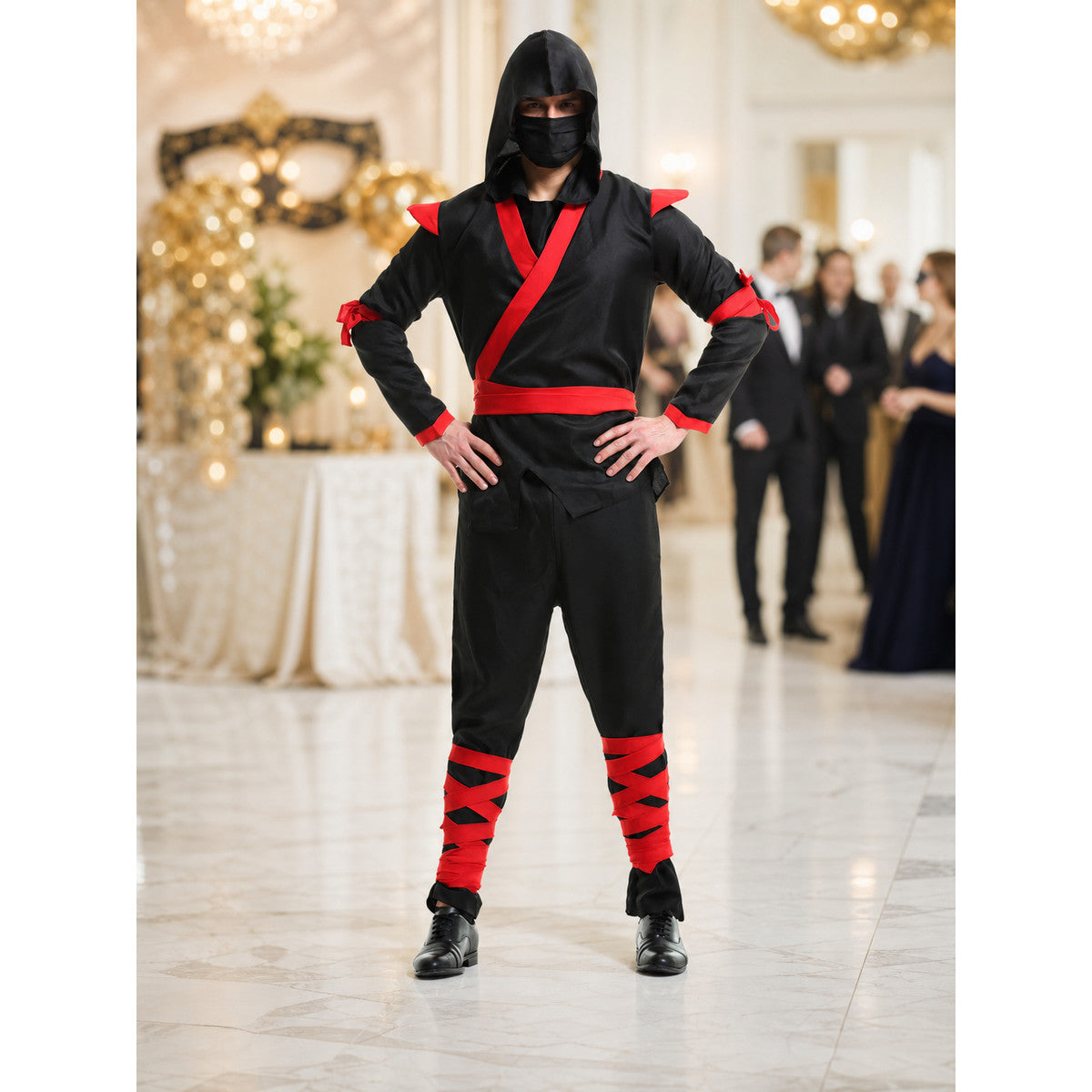 Hooded Ninja Costume with Red Ribbons