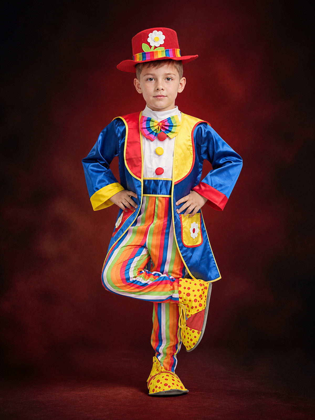Kids' Colorful Clown Circus Costume Set with Bodysuit, Jacket, Hat and Bow Tie main product view