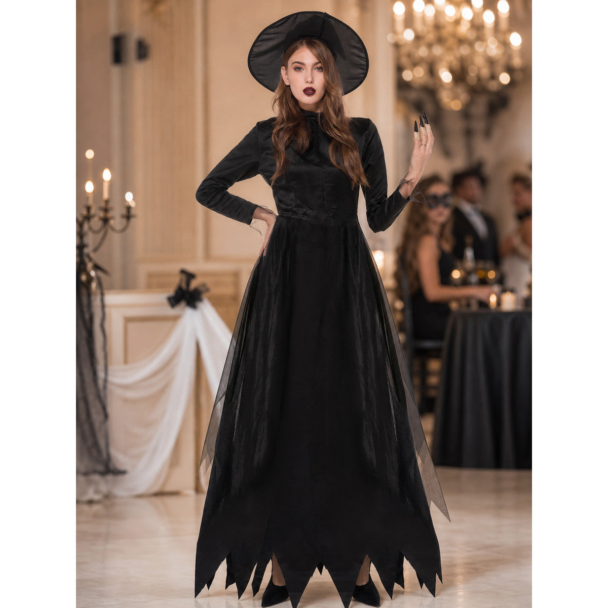 Witch Costume Dress: Long Black Dress with a High Collar