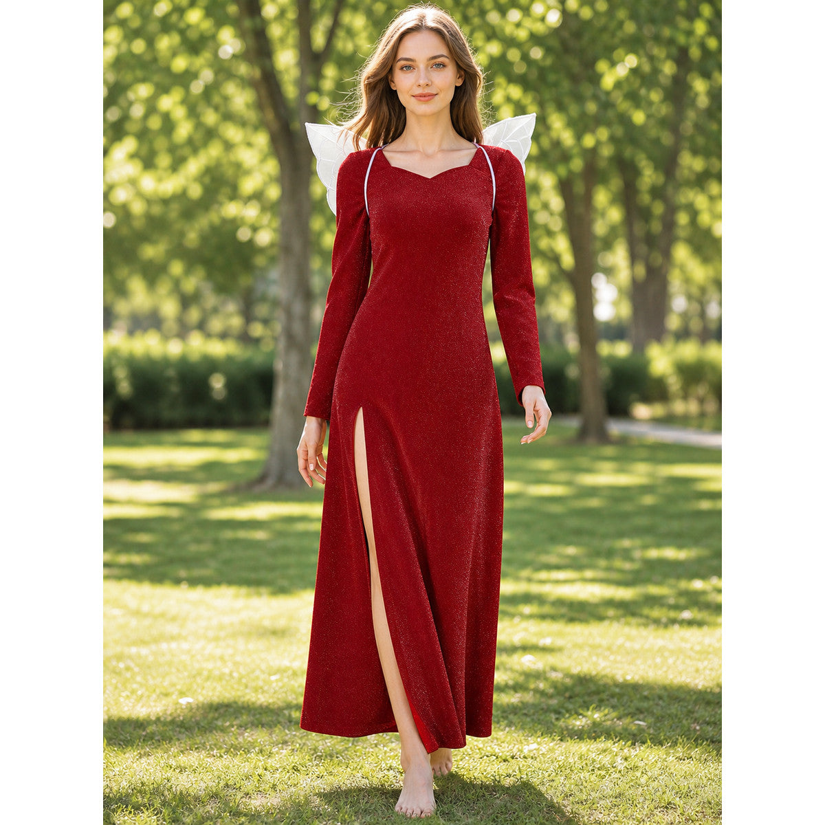 Shrek Costume: Red Long-Sleeve Maxi Dress lifestyle view