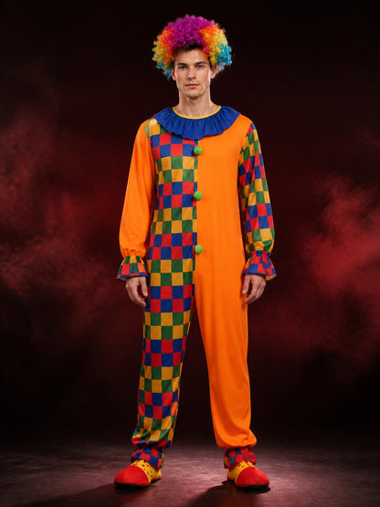 Unisex Adult Jester Costume Jumpsuit, Colorful Checkered with Hat for Halloween main product view