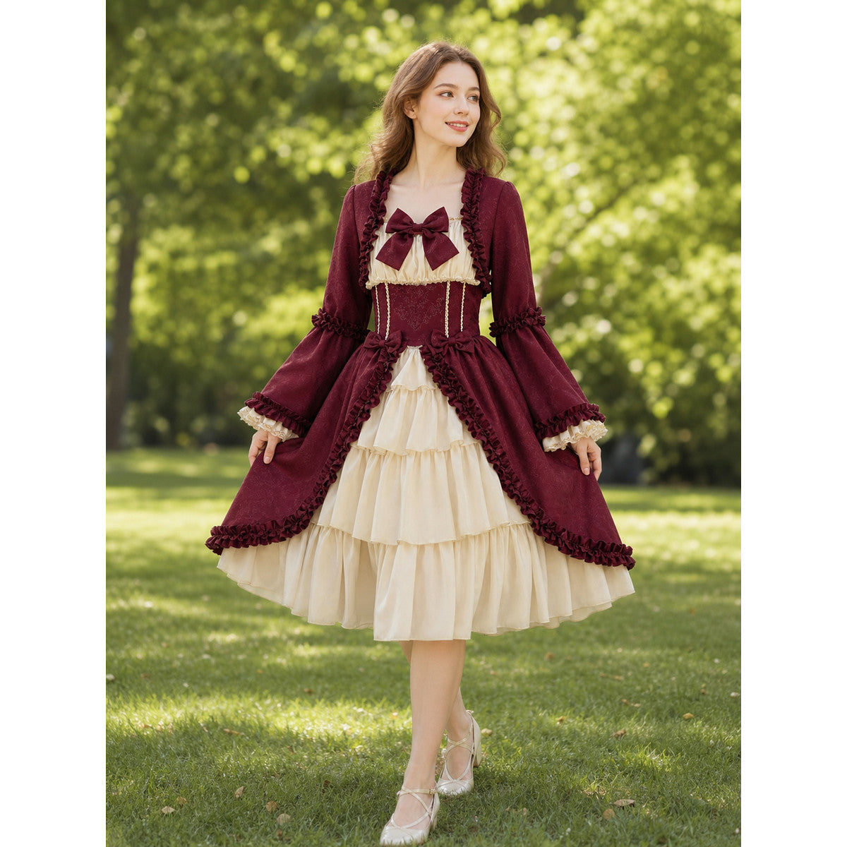 Victorian-Style Long-Sleeve Dress with Bow lifestyle