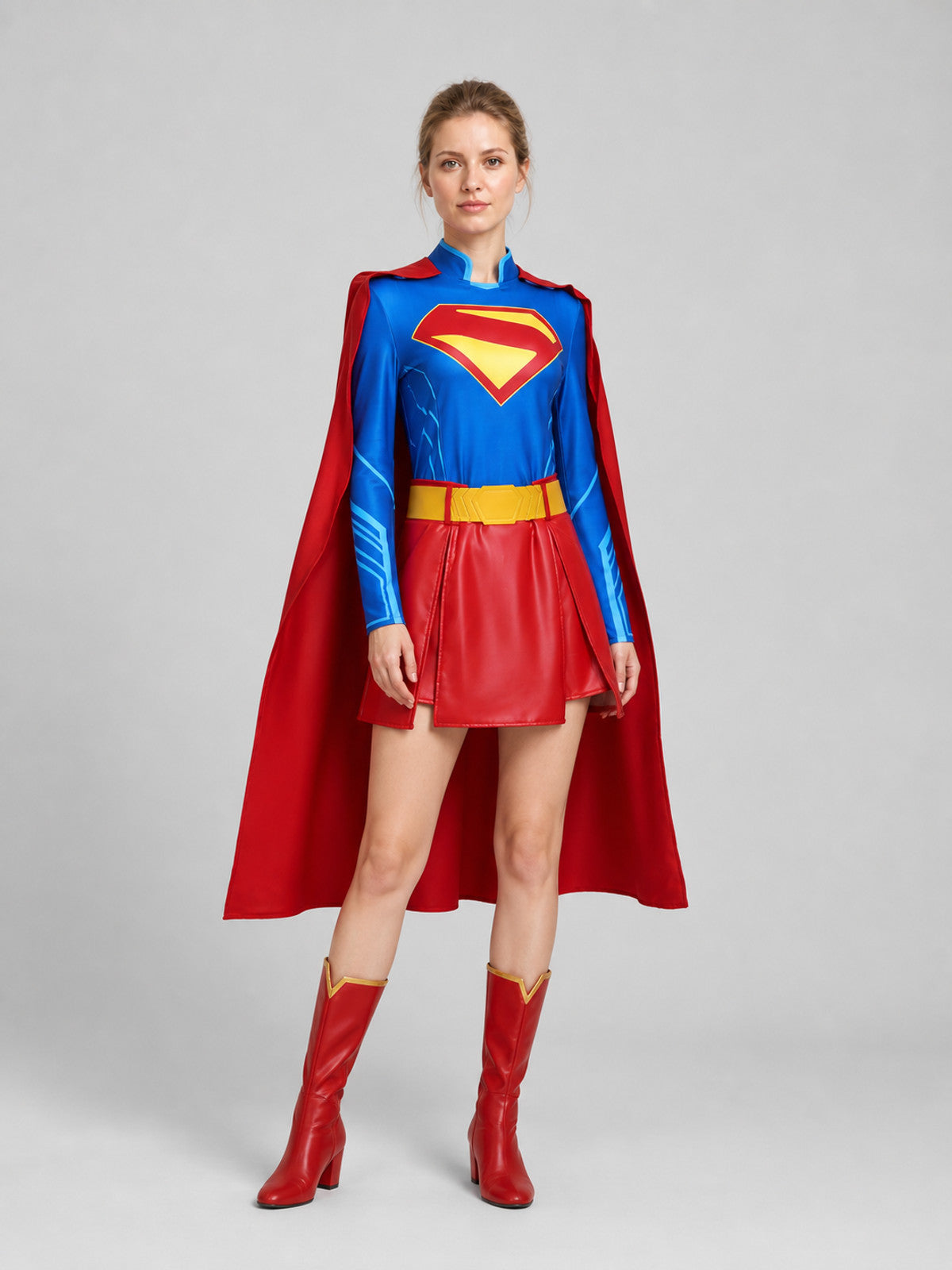 Superhero costume: top, skirt, belt, and long cape