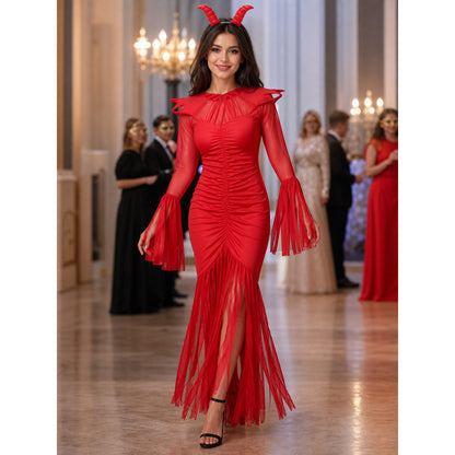 Demon Costume with Horns, Red Mesh Dress