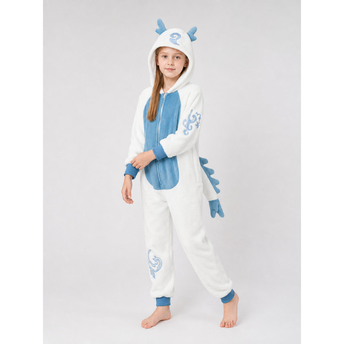 Children's Hooded Dragon Jumpsuit Costume on-model front view