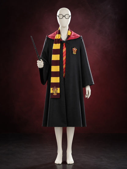 Red and Gold Striped Wizard Robe Costume Set with Hood, Tie, Scarf, Glasses & main product view