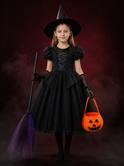 Girls' Witch Costume Set, Black Dress with Hat, Broom, Pumpkin Bag and Tights main product view