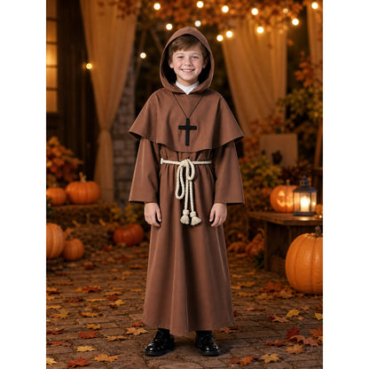 Brown hooded costume with cross lifestyle view