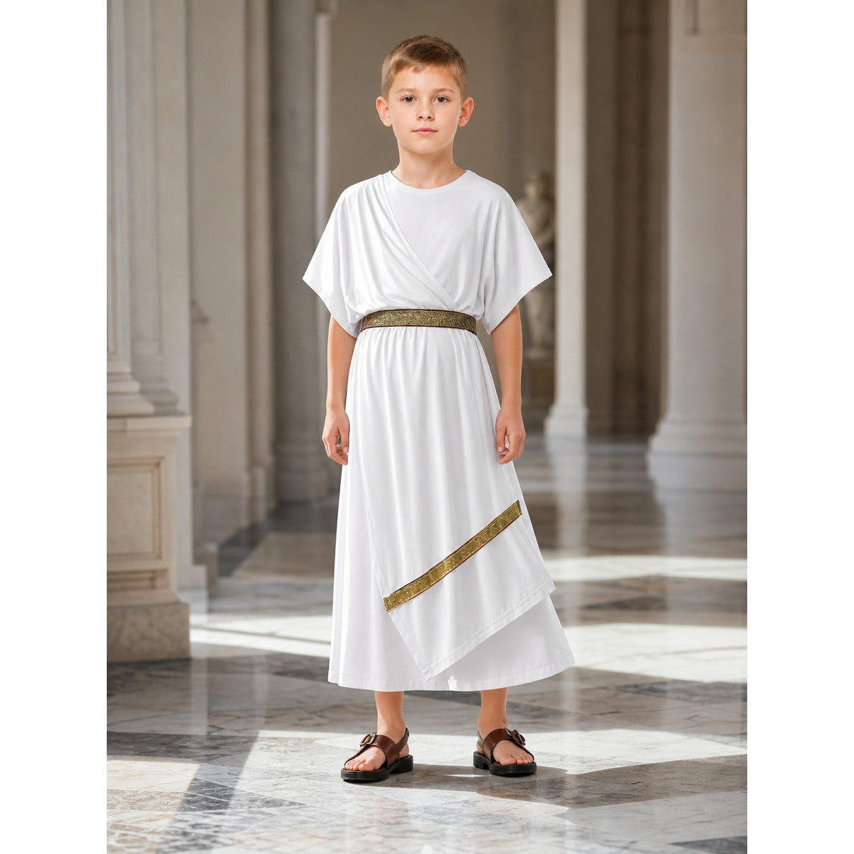 White draped costume tunic with a gold-patterned belt and diagonal trim, shown full-body on a child in a columned hall