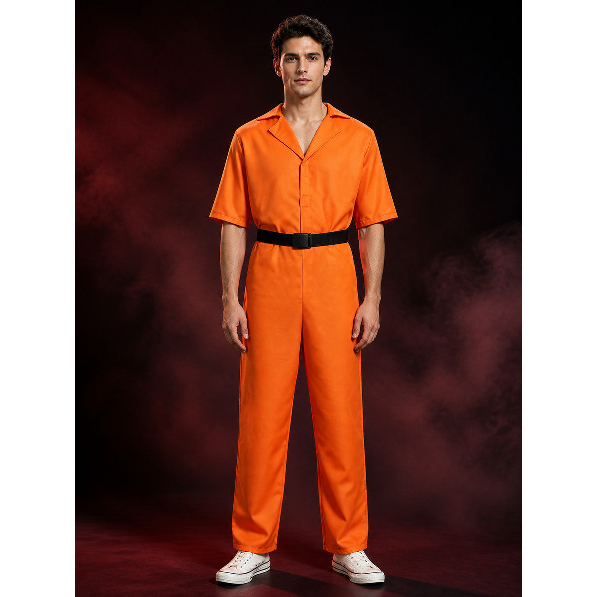Front view of the adult orange prisoner jumpsuit costume with lapel collar and black buckle belt