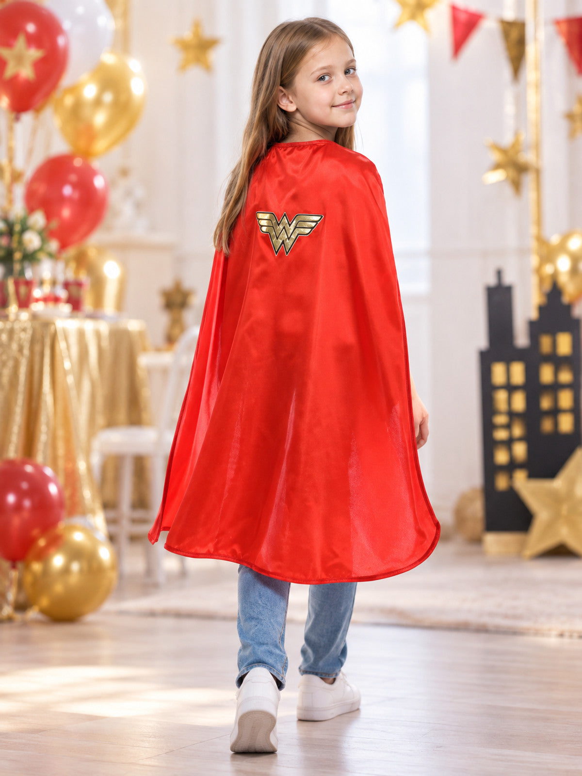 Long Red Superhero Cape with Gold Emblem
