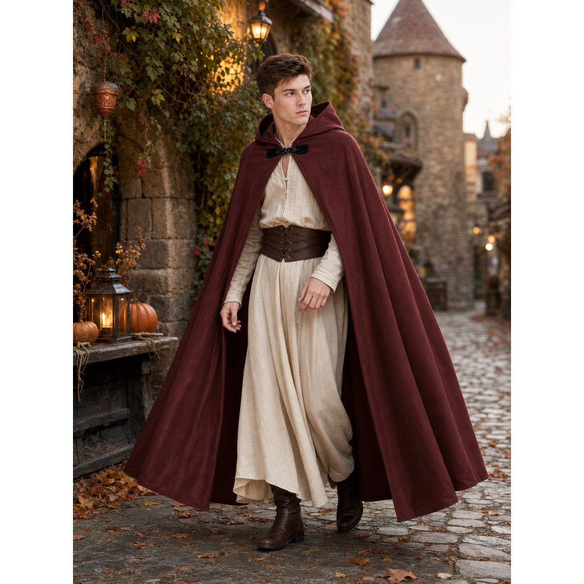 Burgundy hooded cloak with black toggle clasp, shown full-body on a model in a cobblestone medieval-style street