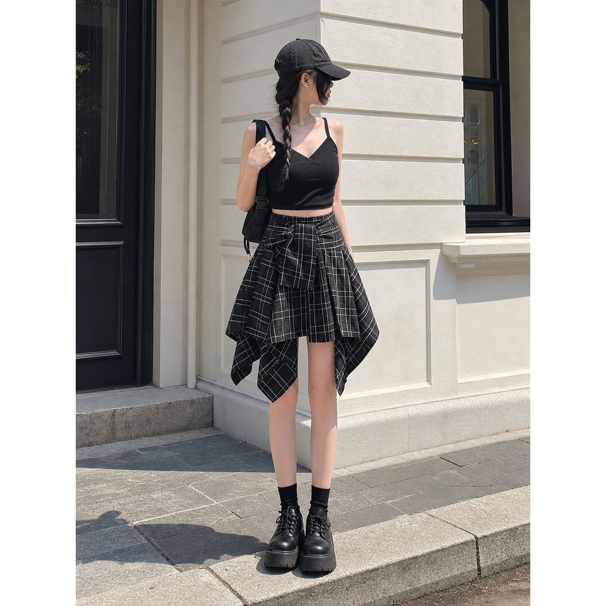 Women's Asymmetrical Black-and-White Plaid Skirt