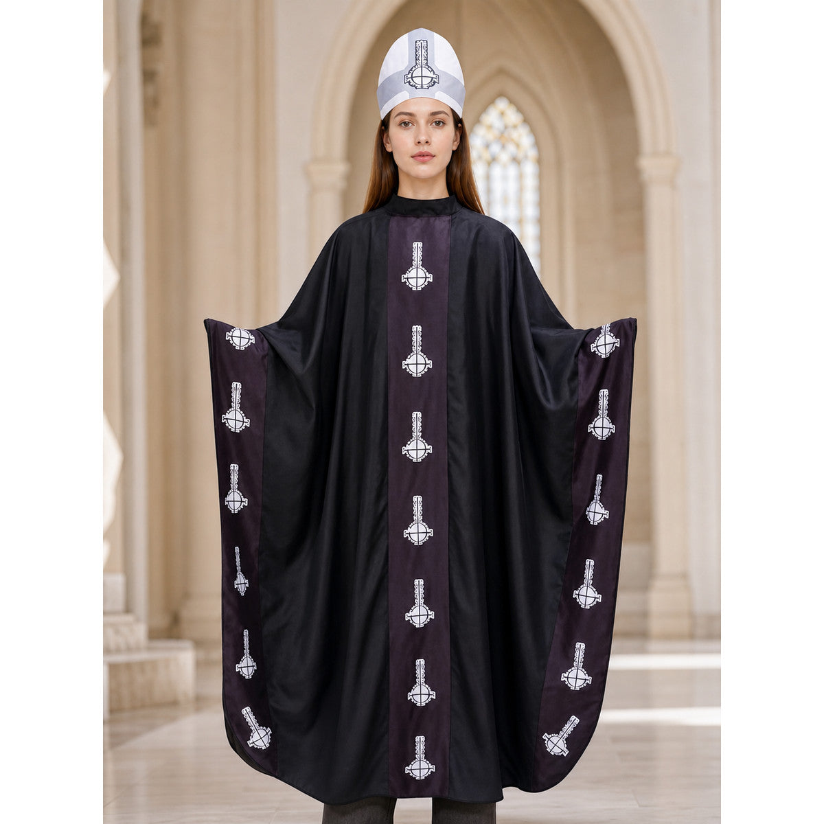 Hooded Cloak with Belt, Black with White Pattern lifestyle view