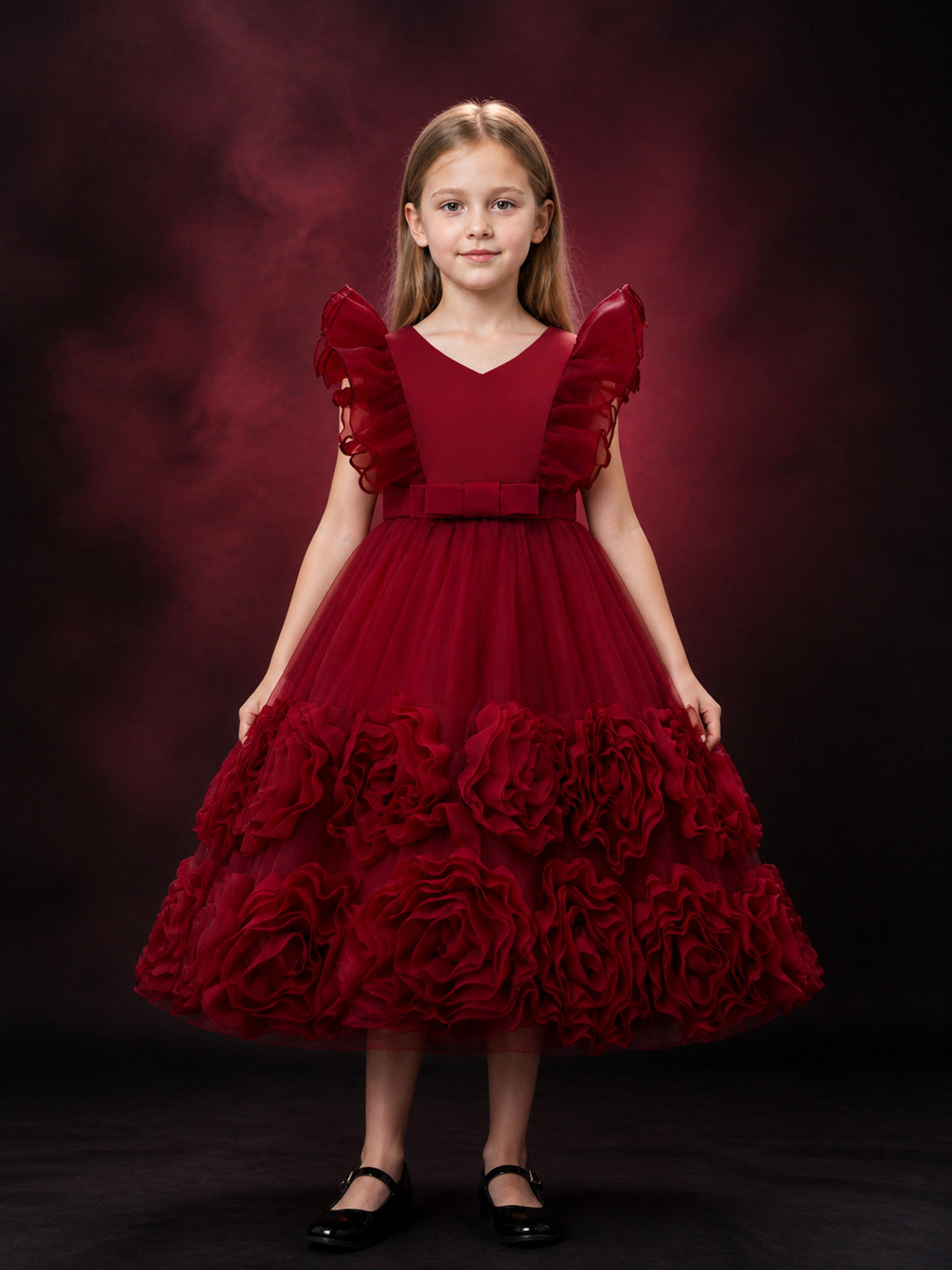 Toddler Girls' Maroon Princess Dress with Tulle Skirt, Rose Details and Bow Belt main product view