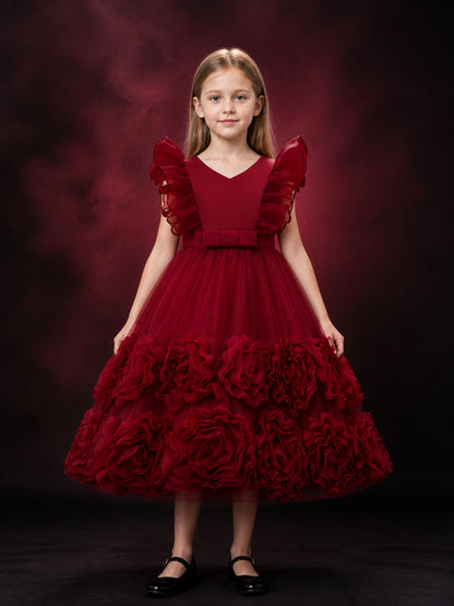 Toddler Girls' Maroon Princess Dress with Tulle Skirt, Rose Details and Bow Belt main product view