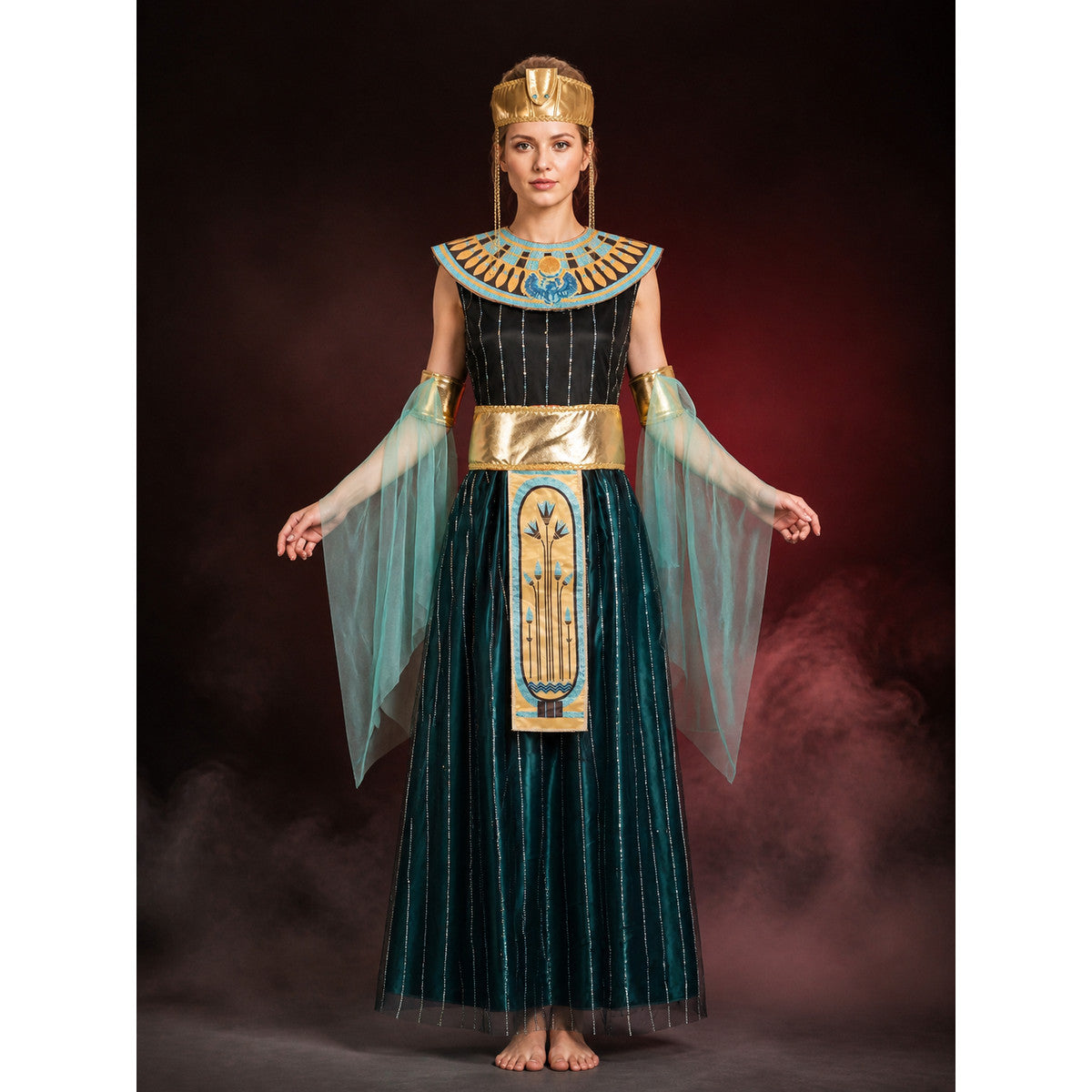 Women's Egyptian Cleopatra Halloween Costume Set, Sequin Dress with Fan Collar main product view