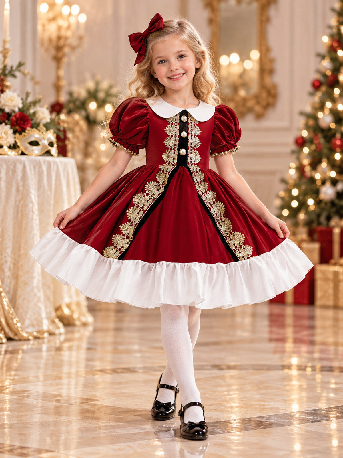 Burgundy Children's Holiday Dress with White Collar