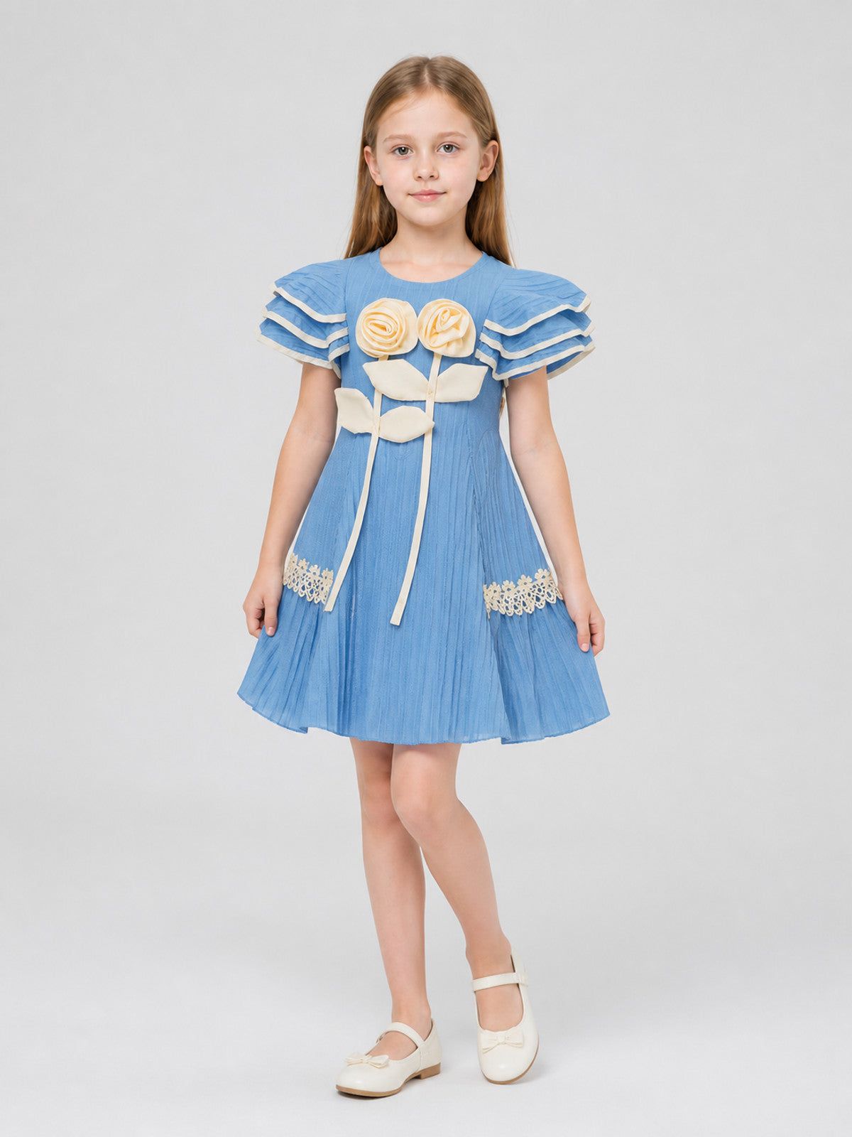 Girls' Dressy Dress with Pleats and Flowers Costume Dresses detail